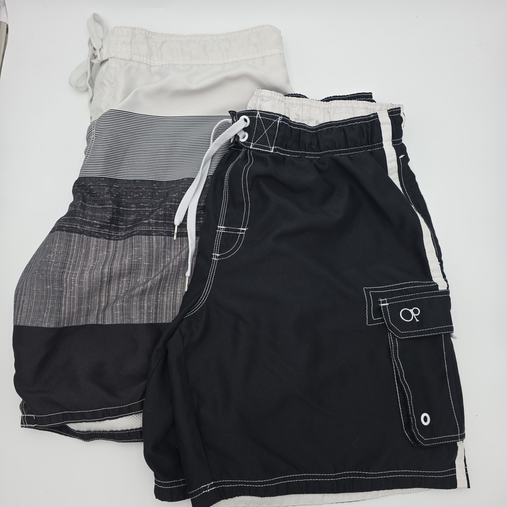 2 Pc- OP Black & White Swim Trunks Board Shorts Sz XL 40-42 Drawstring Elastic
